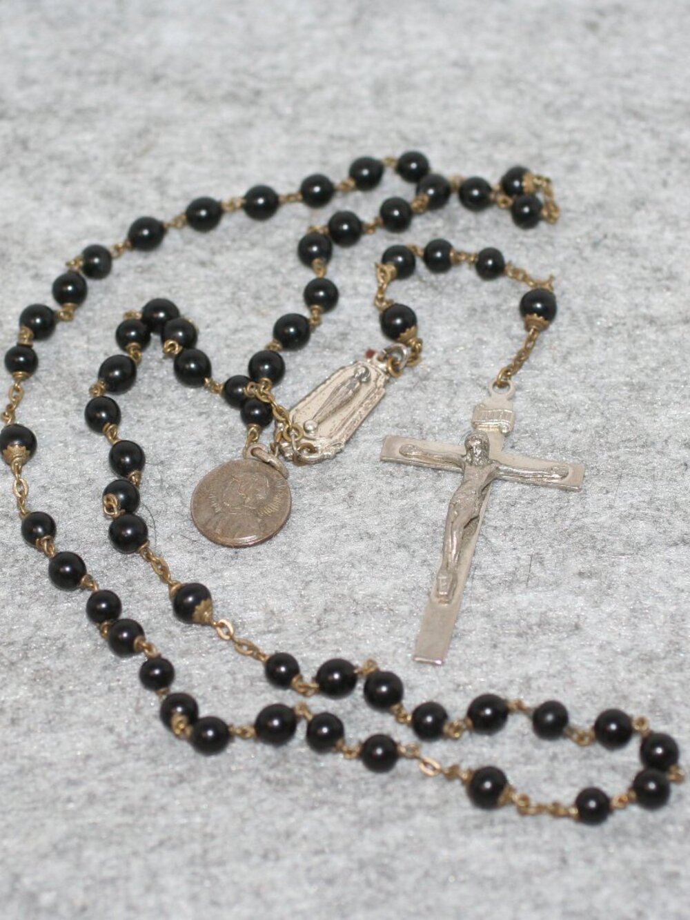Black Onyx Rosary Beads w Sterling 925 Cross & Medalions w Brass Chain Italy